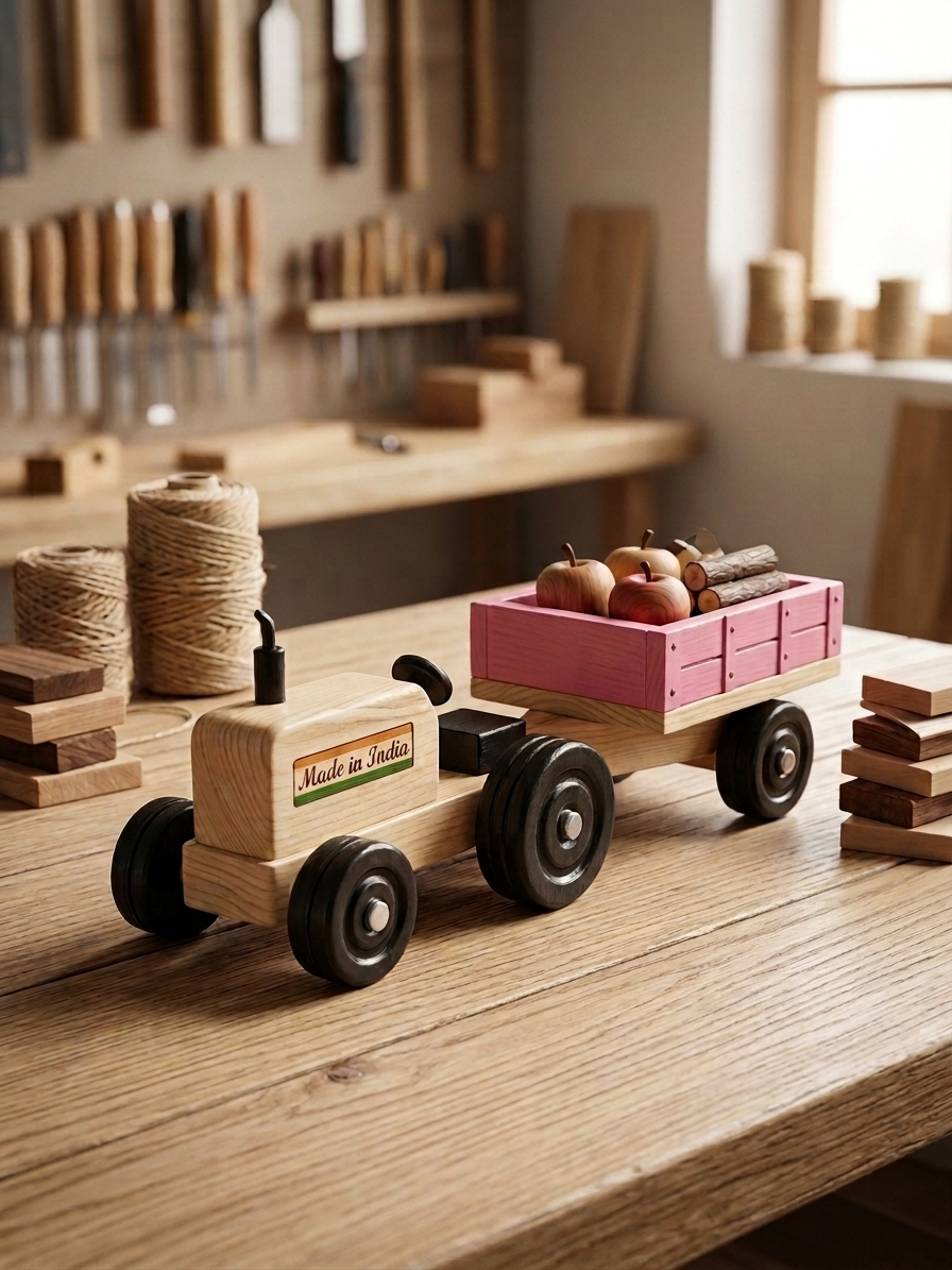 Handcrafted Wooden Tractor with Trolley Showpiece