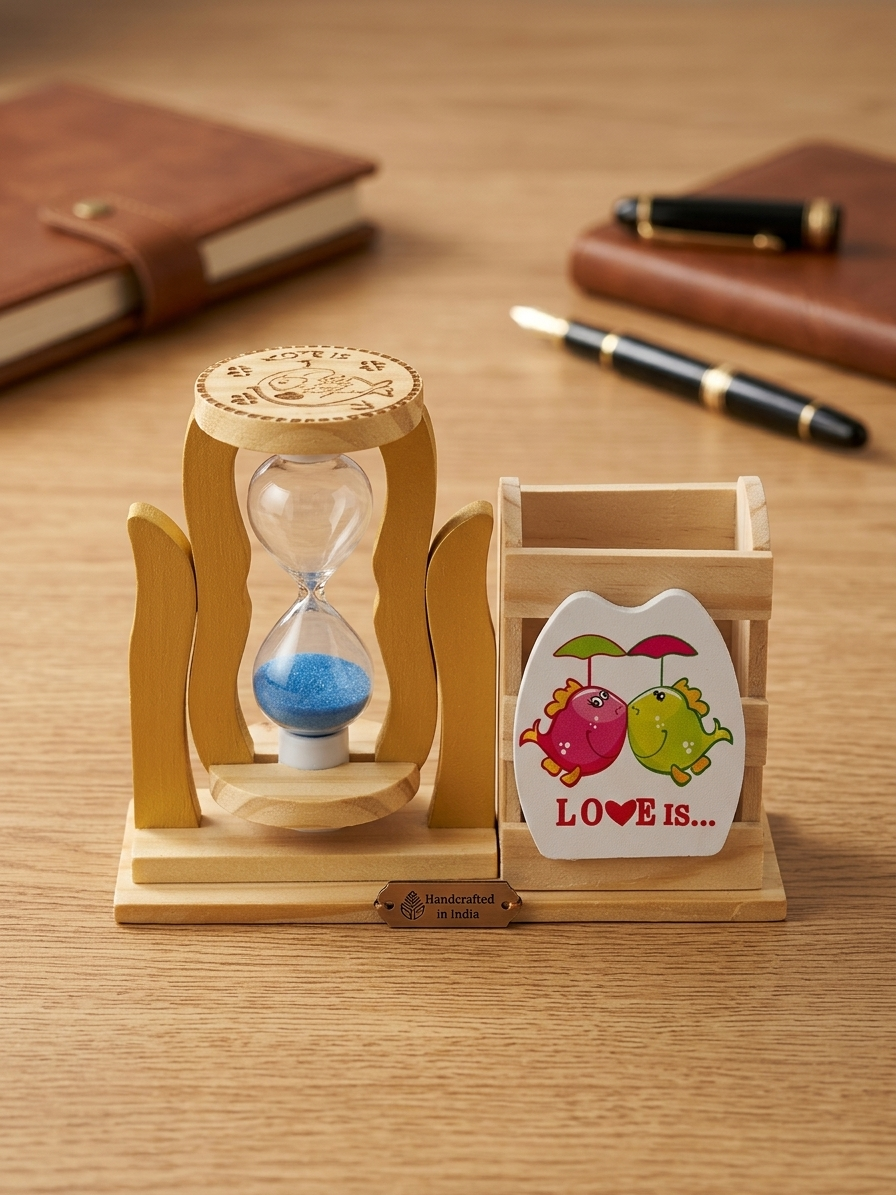 Handcrafted Wooden Hourglass & Desk Organizer